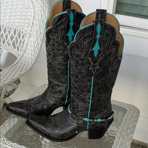 Black and Turquoise Women's Western Boots - Picture 2 of 10